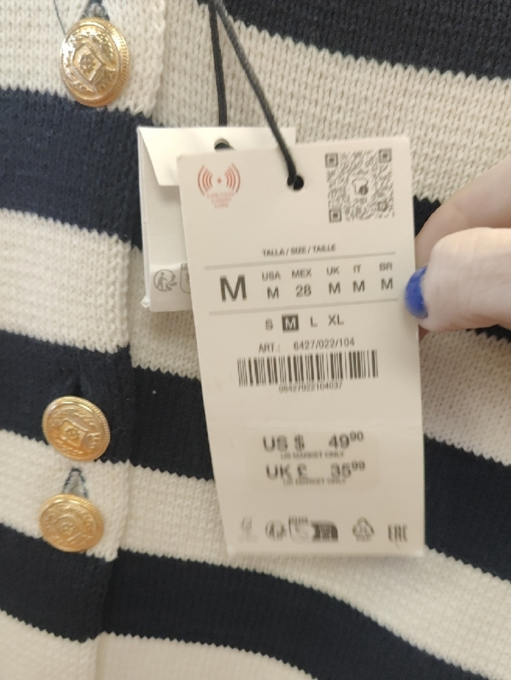 Zara Navy and White Striped Button Cardigan with Gold Buttons - Picture 3 of 6